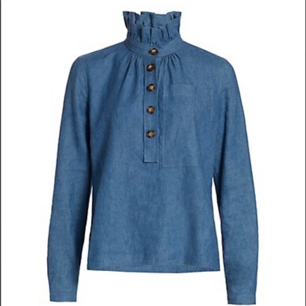 Tory Burch Ruffle Neck Denim Blouse, size 4